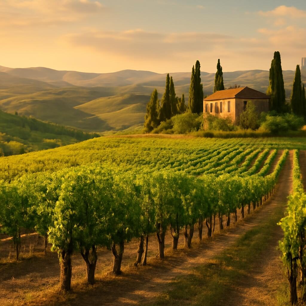 Vin blanc italien vignoble toscan collines cypres lumiere doree