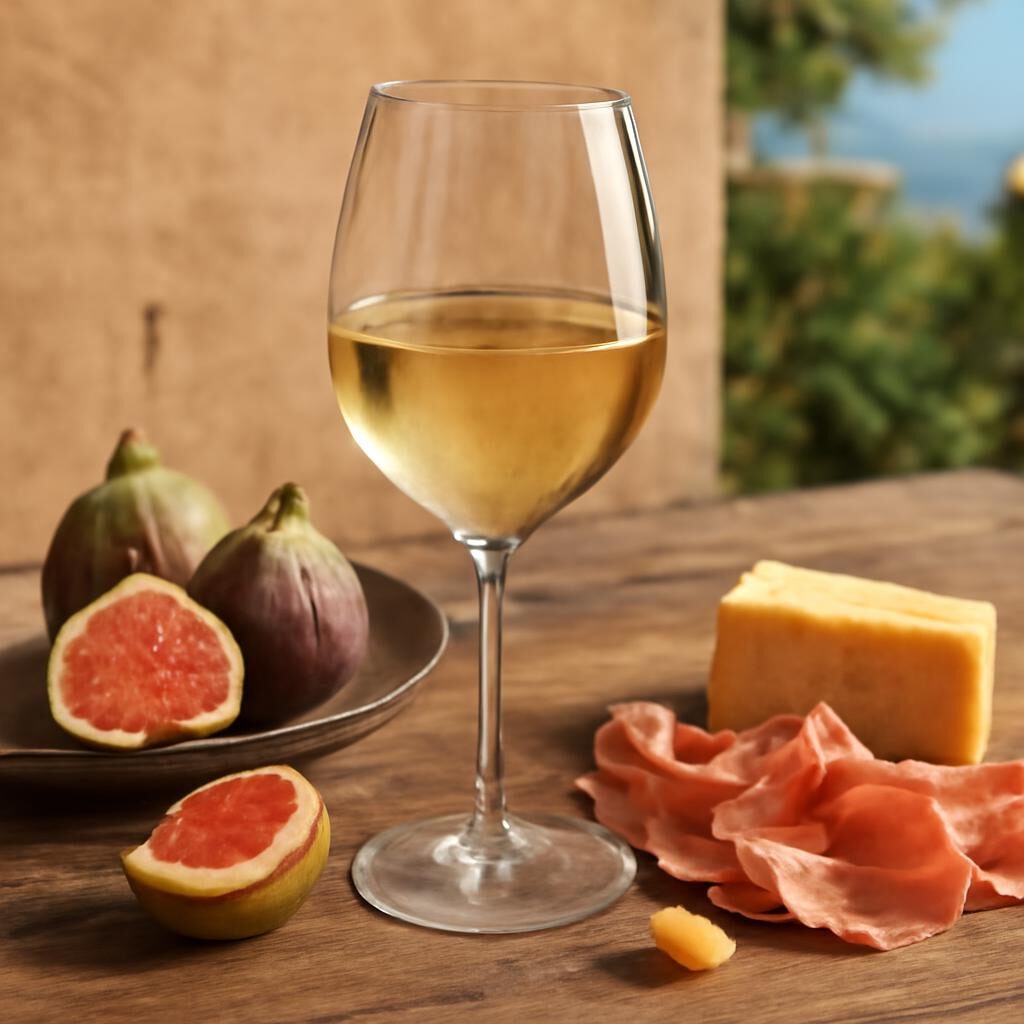 Vin blanc italien verre prosciutto figues fromage mediterraneen
