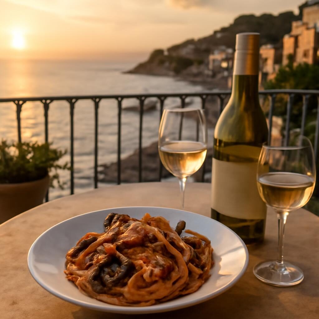 Vin blanc italien accord pates fruits de mer terrasse vue mer