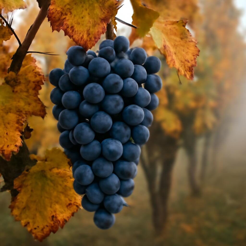 Raisins Nebbiolo vendange Barolo Piemonte brume automnale