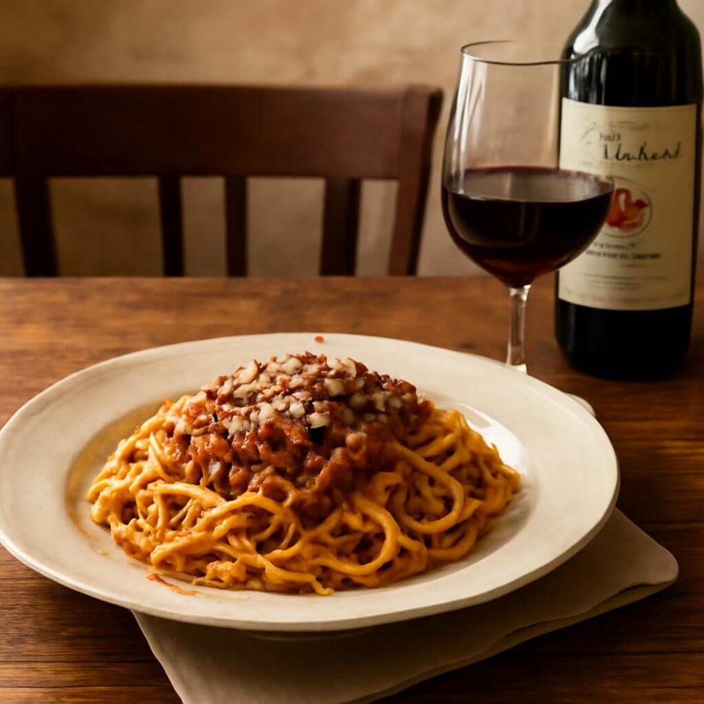 Pates bolognaise et verre Chianti Classico trattoria italienne