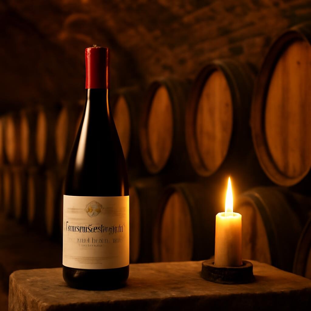 Cave bourguignonne avec futaille et bouteille de Vosne-Romanee Premier Cru