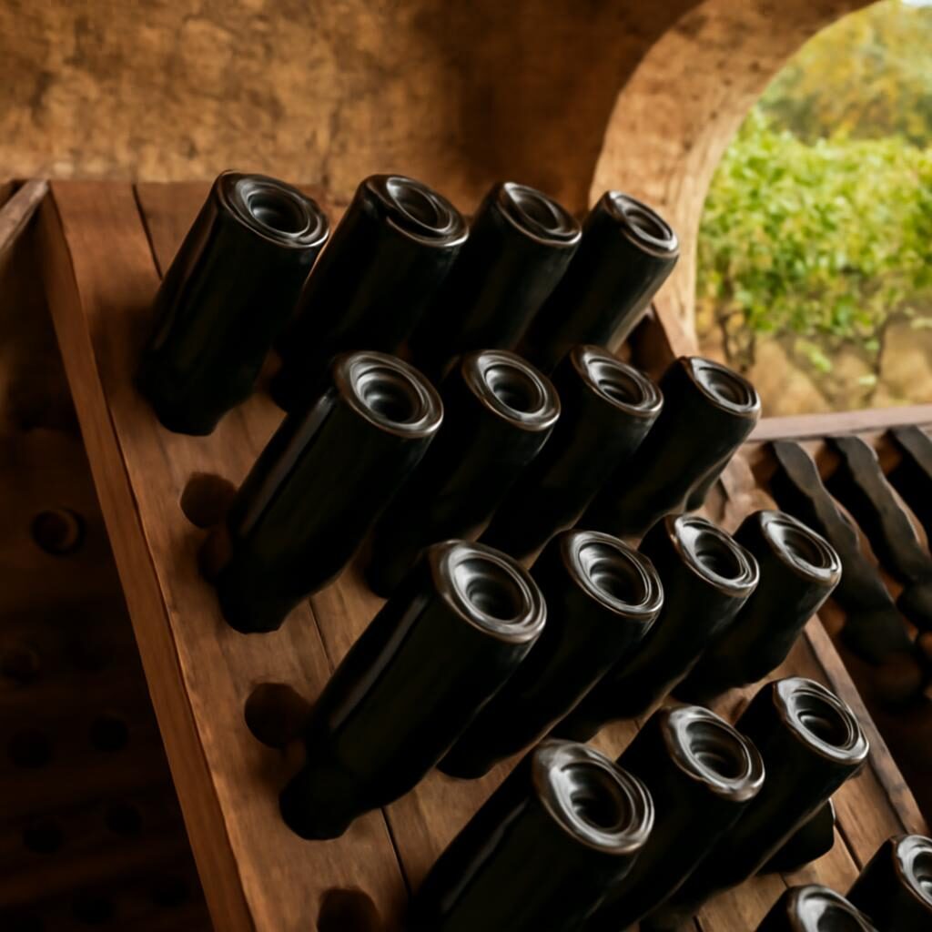 Pupitres de remuage de Blanquette de Limoux en cave de pierre