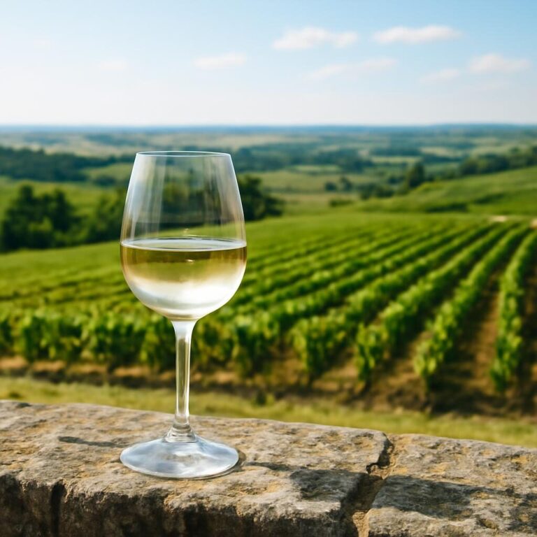 Reuilly vin blanc sur muret de pierre face aux vignes