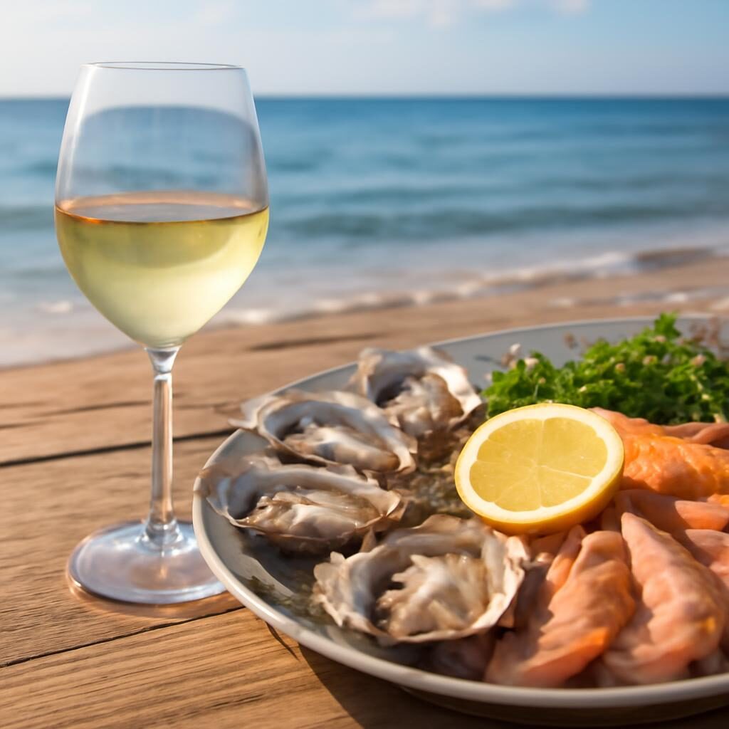 Verre de Vermentino et fruits de mer en bord de mer