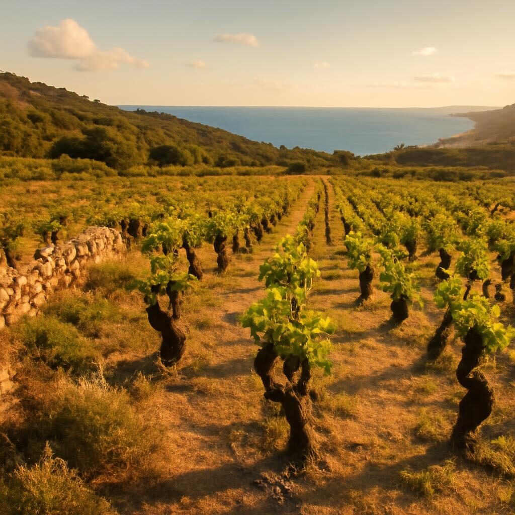 Vignoble corse ensoleille au bord de la Mediterranee