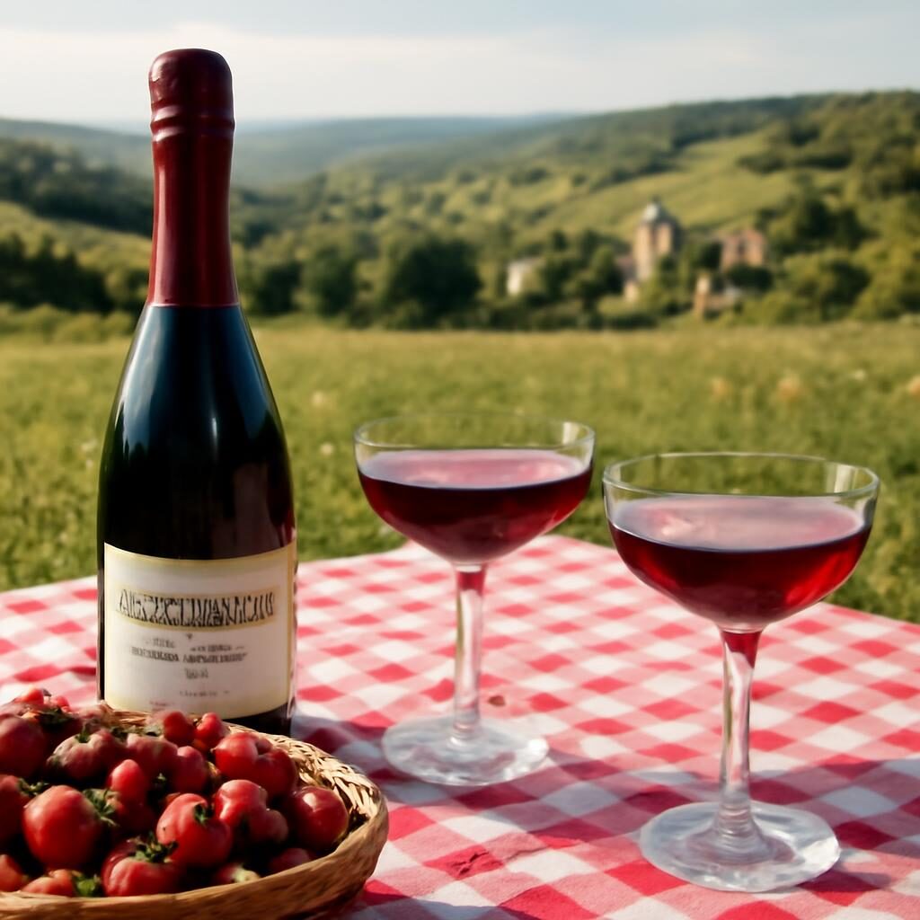 Vin rouge petillant et fruits rouges en exterieur