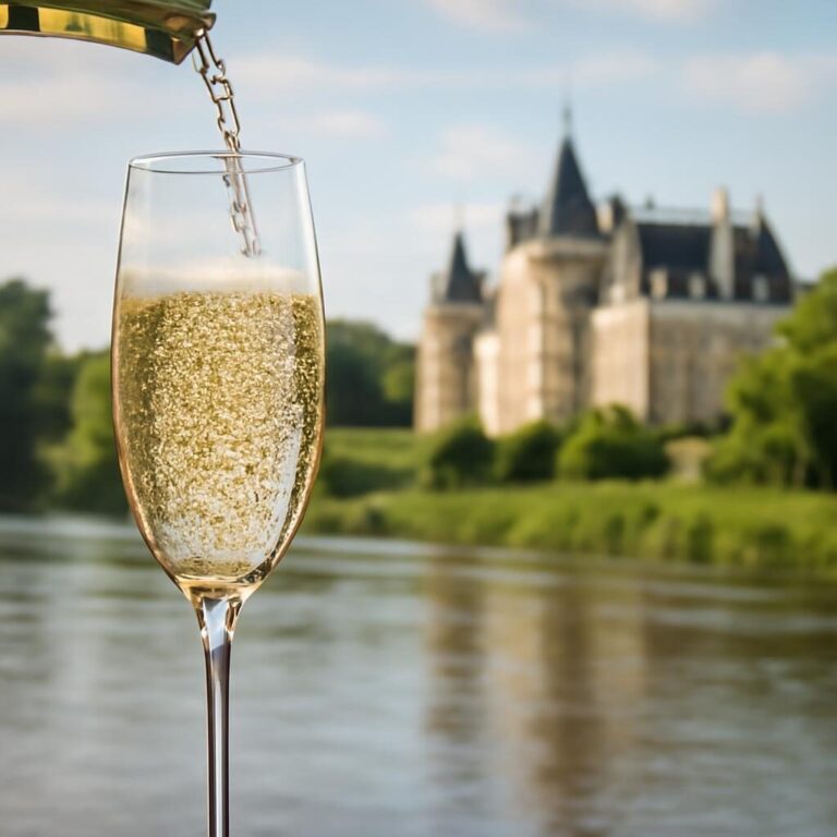 Vouvray pétillant servi en flûte sur la Loire